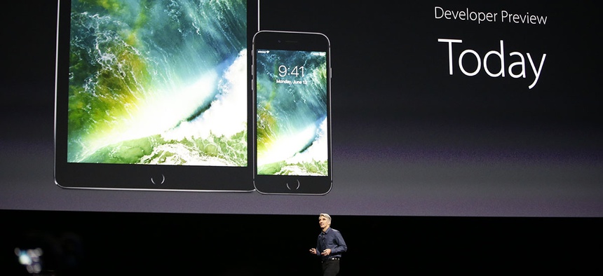 Craig Federighi, Apple senior vice president of software engineering, speaks about the new iOS 10 at the Apple Worldwide Developers Conference.