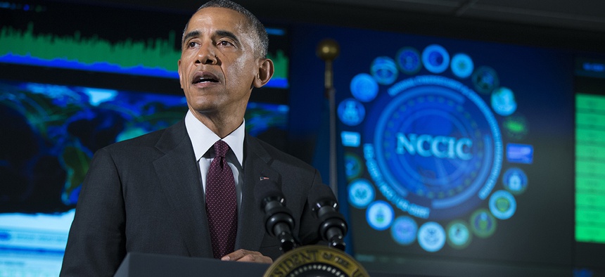 resident Barack Obama speaks at the National Cybersecurity and Communications Integration Center in Arlington, Va.