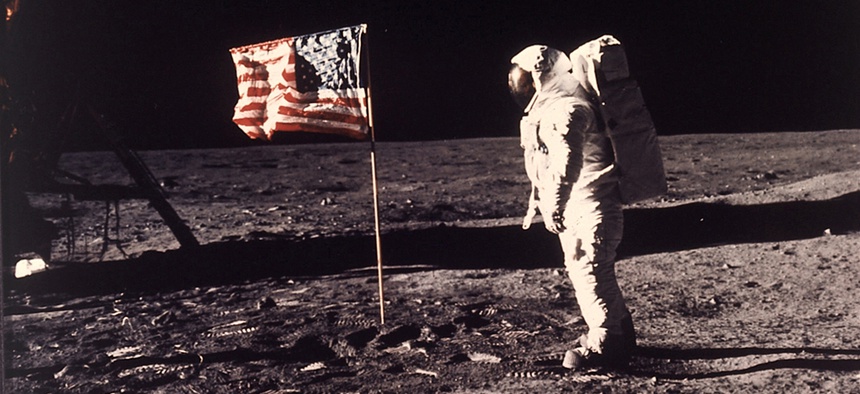 Astronaut Buzz Aldrin poses for a photograph beside the U.S. flag deployed on the moon during the Apollo 11 mission on July 20, 1969.