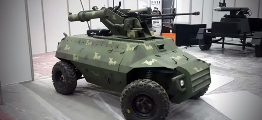 The armed robotic system on display at a security and defense exhibition in Baghdad in early 2016.
