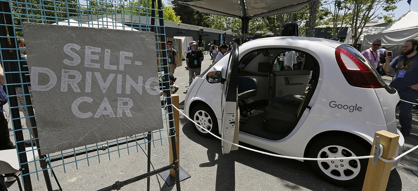 A Google self-driving car is seen on display Wednesday, May 18, 2016, at Google's I/O conference in Mountain View, Calif.