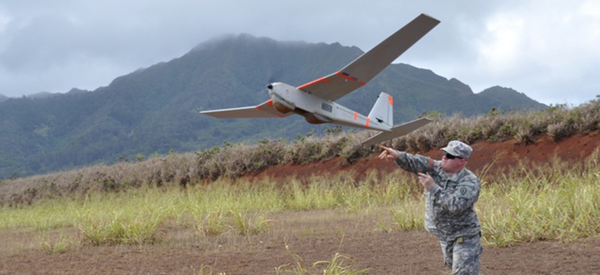The U.S. Army has two rucksack-portable drones, including the hand-launched Puma shown here. The service is looking to procure a smaller, shorter range UAV as soon as next year.