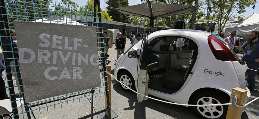 A Google self-driving car is seen on display at Google's I/O conference in Mountain View, Calif.