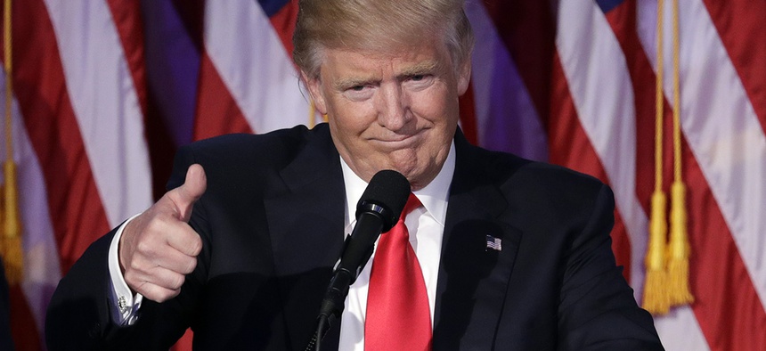 President-elect Donald Trump gives his acceptance speech during his election night rally, Wednesday, Nov. 9, 2016.