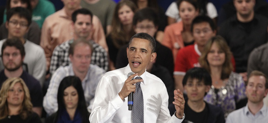 President Barack Obama addresses the crowd during a town hall meeting at Facebook headquarters in Palo Alto, Calif., Wednesday, April 20, 2011.