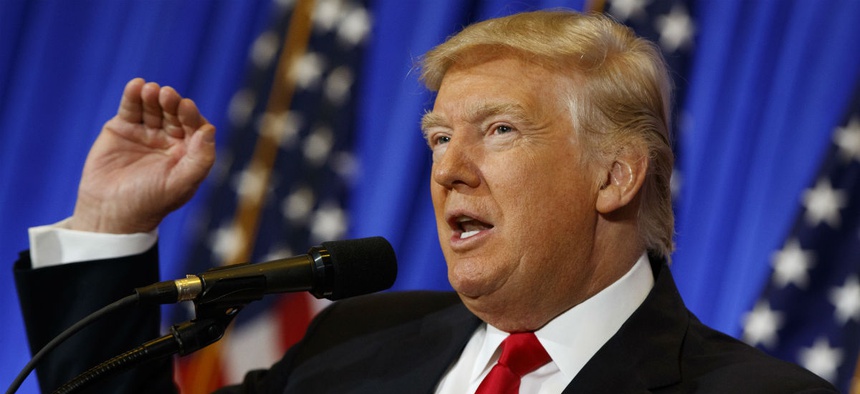 President-elect Donald Trump speaks during a news conference in the lobby of Trump Tower in New York, Wednesday, Jan. 11, 2017.
