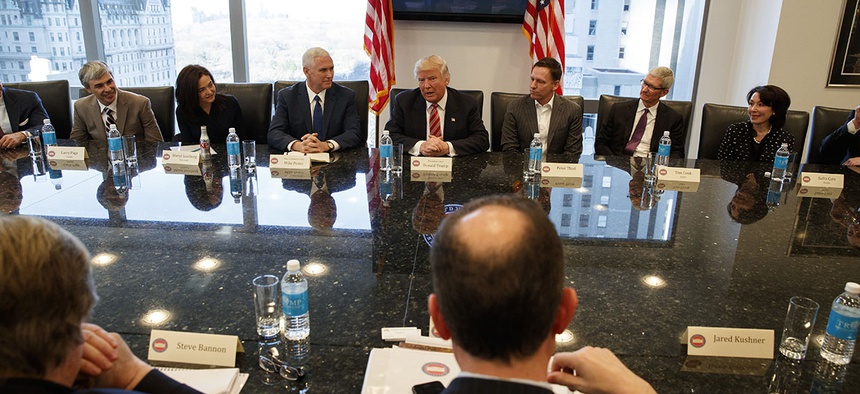 Then president-elect Donald Trump speaks during a meeting with technology industry leaders at Trump Tower in New York, Wednesday, Dec. 14, 2016.