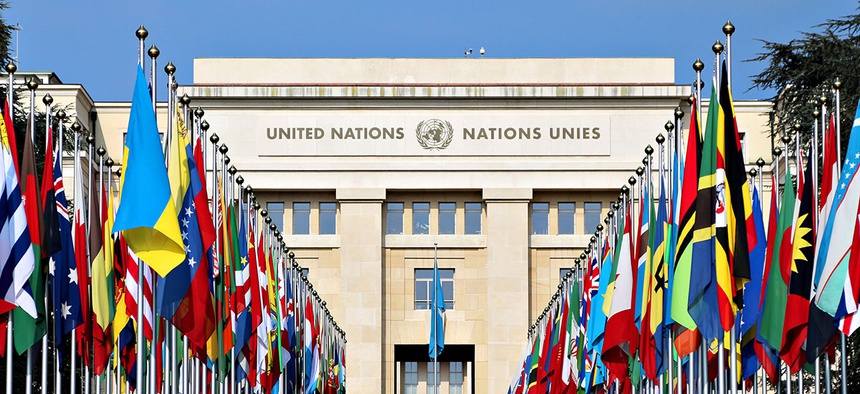 The Palace of Nations, headquarters of the United Nations in Geneva, Switzerland.