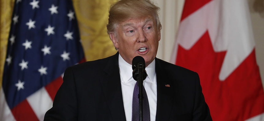 President Donald Trump speaks during a joint news conference with Canadian Prime Minister Justin Trudeau in the East Room of the White House in Washington, Monday, Feb. 13, 2017.