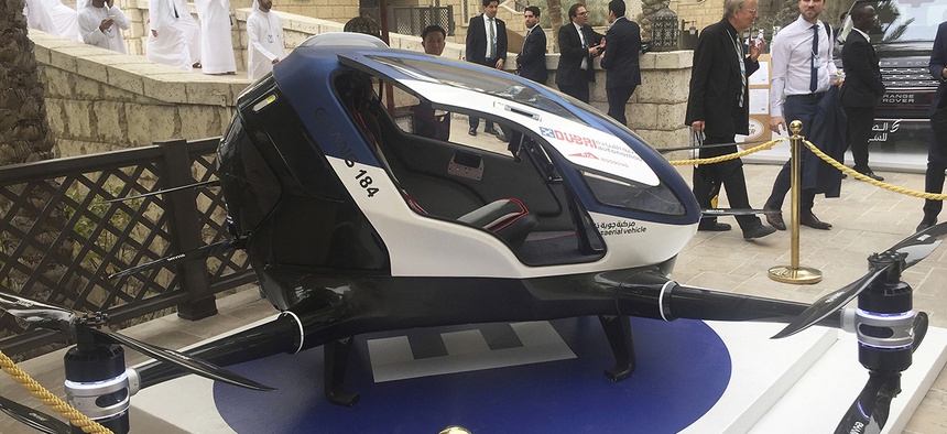A model of EHang 184 and the next generation of Dubai Drone Taxi is seen during the second day of the World Government Summit in Dubai, United Arab Emirates, Monday, Feb. 13, 2017.