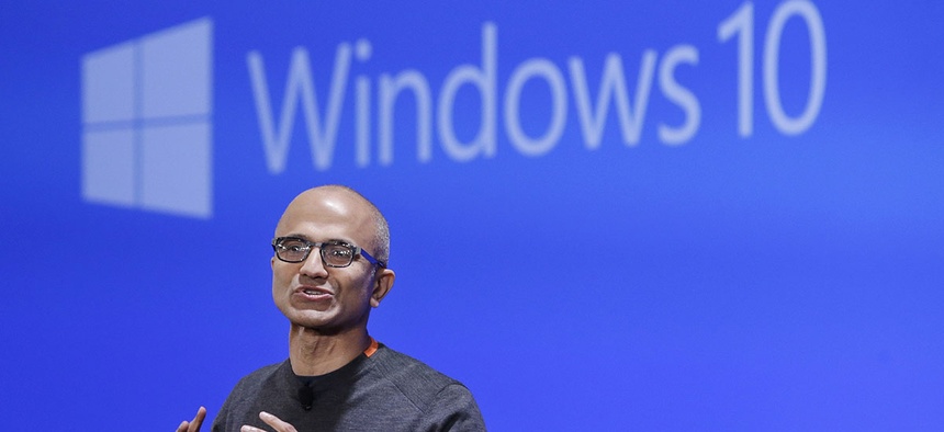 Microsoft CEO Satya Nadella speaks at an event demonstrating the new features of Windows 10 at the company's headquarters in Redmond, Wash.