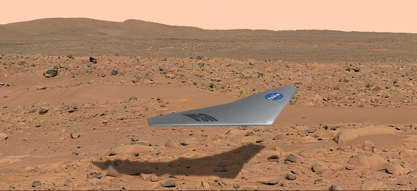 This illustration shows what a Prandtl-M might look like flying above the surface of Mars.