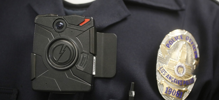 A a Los Angeles Police officer wears an on-body camera during a demonstration.
