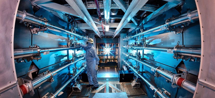An experiment being conducted in the National Ignition Facility at the LLNL.