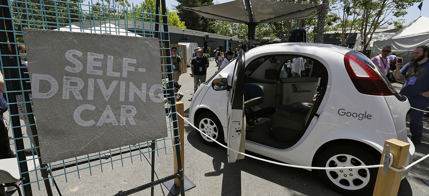 A Google self-driving car is seen on display at Google's I/O conference in Mountain View, Calif.