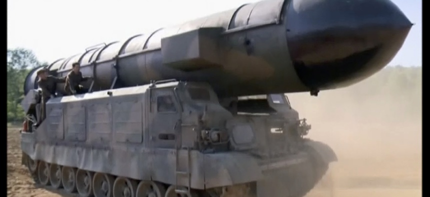 This image made from video of a news bulletin aired by North Korea's KRT on May 22, 2017, shows what was said to be the Pukguksong-2 missile at an undisclosed location in North Korea.