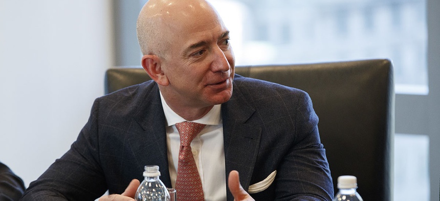 Amazon founder Jeff Bezos speaks during a meeting with President-elect Donald Trump and technology industry leaders at Trump Tower in New York, Dec. 14, 2016.