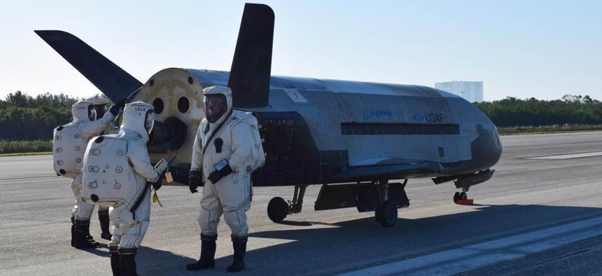 The Air Force's X37B spacecraft at NASA's Kennedy Space Center Shuttle Landing Facility in Cape Canaveral, Fla., Sunday, May 7, 2017.