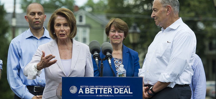House Minority Leader Nancy Pelosi of Calif., joined by, from left, Rep. Hakeem Jeffries, D-N.Y., Sen. Amy Klobuchar, D-Minn. and Senate Minority Leader Chuck Schumer, N.Y. speaks in Berryville, Va., July 24, 2017, to unveil the Democrats new agenda.
