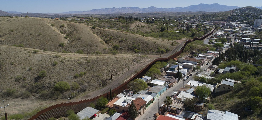 A drone's view of the US-Mexico border fence as seen from Nogales, Mexico, Sunday, April 2, 2017.