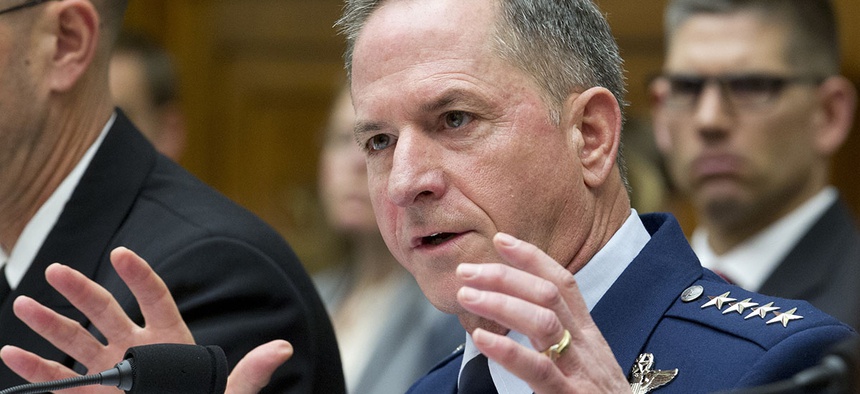 Air Force Chief of Staff Gen. David L. Goldfein testifies on Capitol Hill in Washington, Wednesday, April 5, 2017, before the House Armed Services Committee hearing.