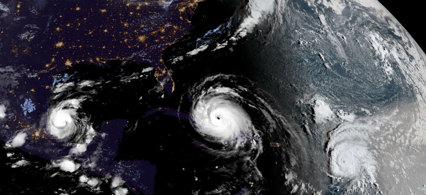 In this geocolor image GOES-16 satellite image taken Friday, Sep. 8, 2017, at 10:45 UTC, Hurricane Irma, center, approaches Cuba and Florida, with Hurricane Katia, left, in the Gulf of Mexico, and Hurricane Jose, right, in the Atlantic Ocean.