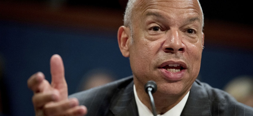 Former Homeland Security Secretary Jeh Johnson testifies to the House Intelligence Committee task force on Capitol Hill