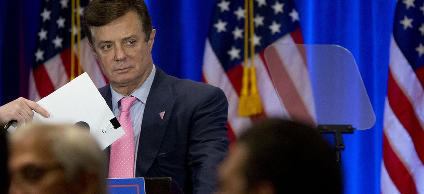 Paul Manafort appears on stage ahead of Republican presidential candidate Donald Trump, Wednesday, June 22, 2016, in New York.