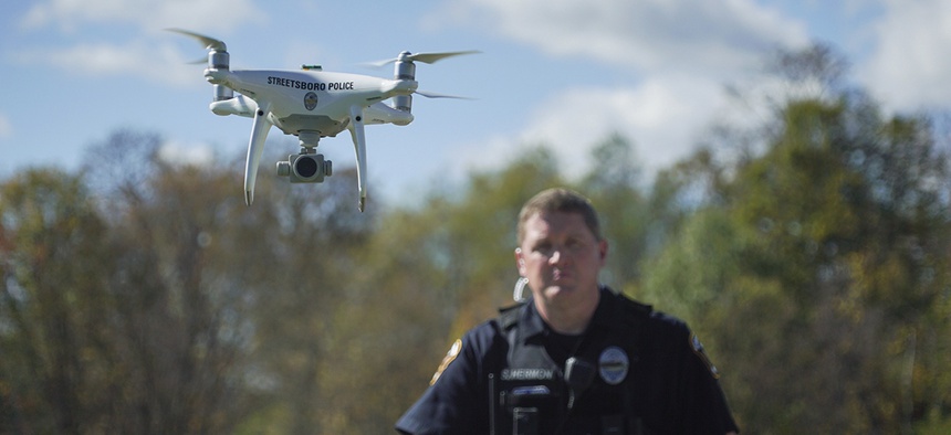 Streetsboro Officer Scott Hermon pilots the department's first drone in Streetsboro, Ohio.