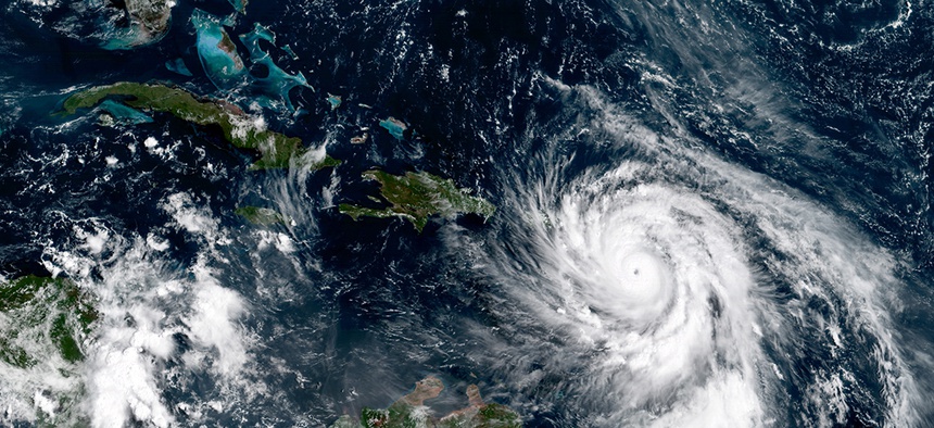 This NOAA GOES-16 satellite image taken Sept. 19, 2017, shows Hurricane Maria southeast of Puerto Rico.