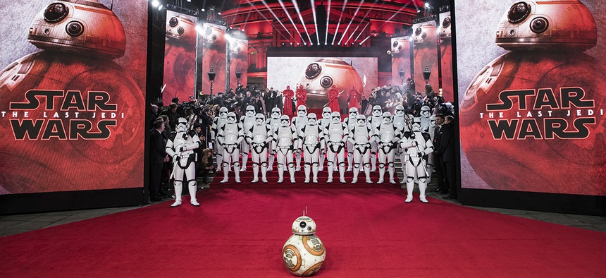 BB-8 and Stormtroopers pose for photographers ahead of the premiere of the film 'Star Wars: The Last Jedi' in London, Tuesday, Dec. 12th, 2017.