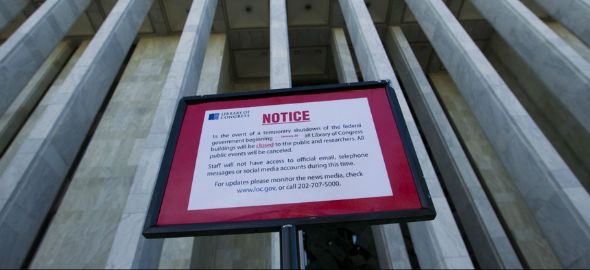 A closure sign stands outside of the Library of Congress in Washington on Saturday, Jan. 20, 2018.