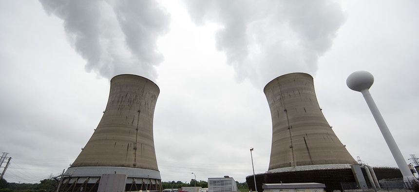 Cooling towers at the Three Mile Island nuclear power plant in Middletown, Pa.