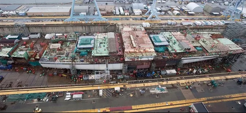 The aircraft carrier Gerald R. Ford (CVN 78), under construction at Huntington Ingalls Newport News Shipbuilding.