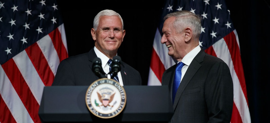 Secretary of Defense Jim Mattis introduces Vice President Mike Pence during an event on the creation of a United States Space Force Aug. 9 at the Pentagon.