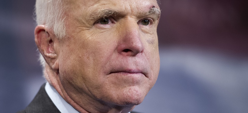 Sen. John McCain, R-Ariz., speaks to reporters on Capitol Hill in Washington, Thursday, July 27, 2017.