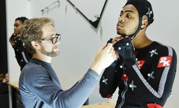 NBA player D'Angelo Russell suits up in motion capture suit at the 2K Mocap Studio in Petaluma, Calif.