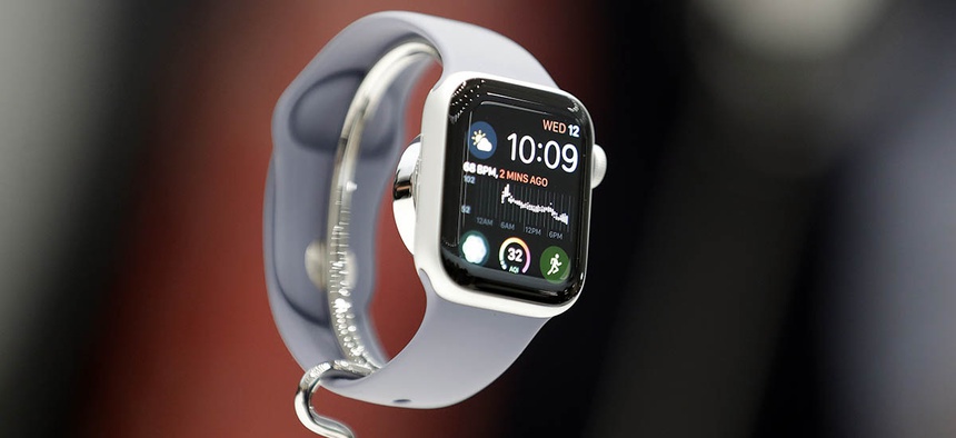 The new Apple Watch 4 is on display at the Steve Jobs Theater during an event to announce new products Wednesday, Sept. 12, 2018, in Cupertino, Calif.