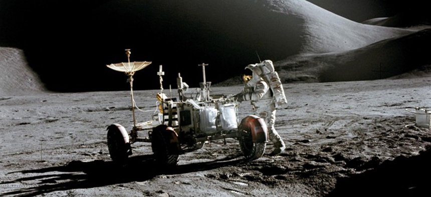 An Apollo astronaut on a moonwalk in 1971