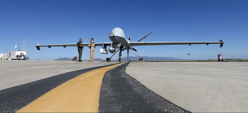 A Customs and Border Patrol drone prepares for flight at Ft. Huachuca in Sierra Vista, Ariz.