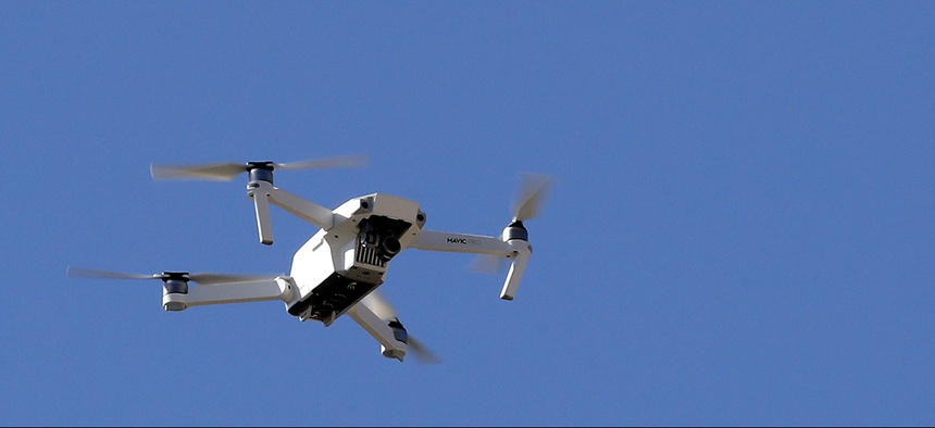 A DJI Mavic Pro drone flies in front of the Philadelphia Museum of Art.