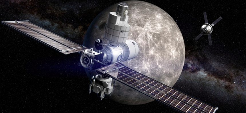 A concept of an orbital moon station from Boeing.