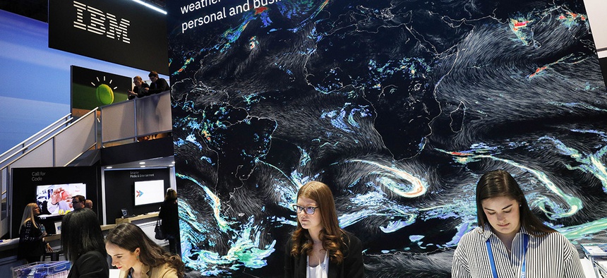 A monitor advertises a new global forecasting system at the IBM booth at CES International, Tuesday, Jan. 8, 2019, in Las Vegas.