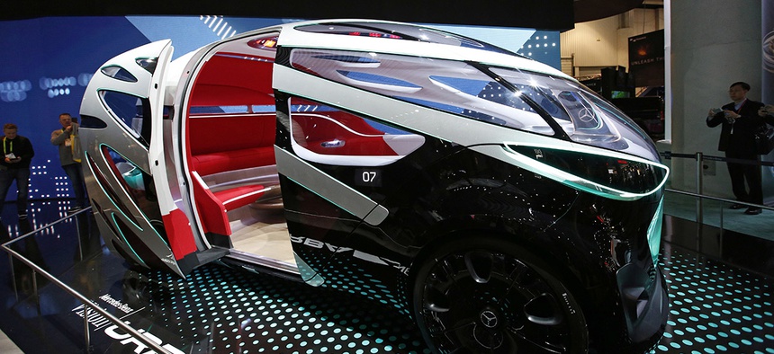 The Mercedes-Benz “Vision Urbanetic,” a passenger/freight mashup concept for urban transportation needs, is on display at the Mercedes-Benz booth at CES in Las Vegas.