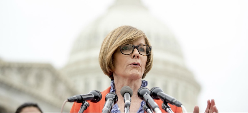 Rep. Susie Lee speaks at a news conference on Capitol Hill in Washington Jan. 16 to unveil the "Immediate Financial Relief for Federal Employees Act" bill.