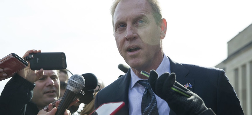 Acting Defense Secretary Patrick Shanahan speaks with the media as he waits for the arrival of NATO Secretary General Jens Stoltenberg at the Pentagon Jan. 28.