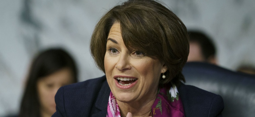 Senate Judiciary Committee member Sen. Amy Klobuchar, D-Minn., questions Attorney General nominee William Barr during a Senate Judiciary Committee hearing on Capitol Hill in Washington Jan. 15.