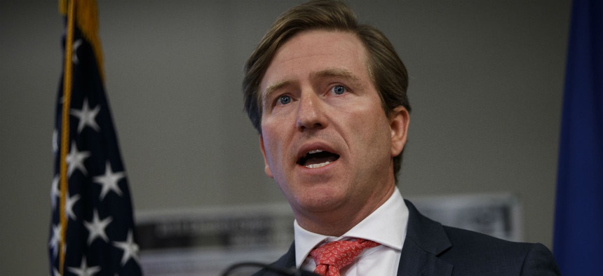 CISA Director Christopher Krebs speaks during an October news conference on election security.