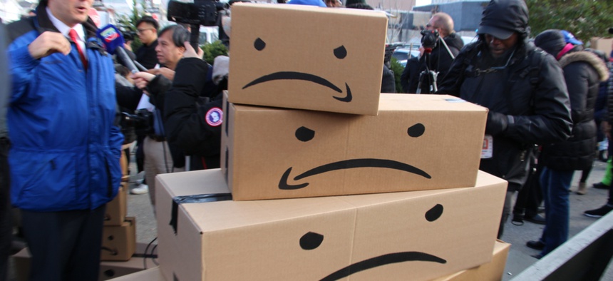 Protests in Queens, New York, the site of part of Amazon's HQ2.