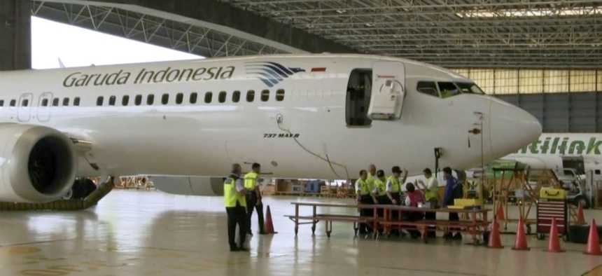 In this image from video taken on Tuesday, March 12, 2019, a Boeing 737 Max 8 aircraft is in hangar before the inspection at Garuda Maintenance Facility at Soekarno Hatta airport, Jakarta.